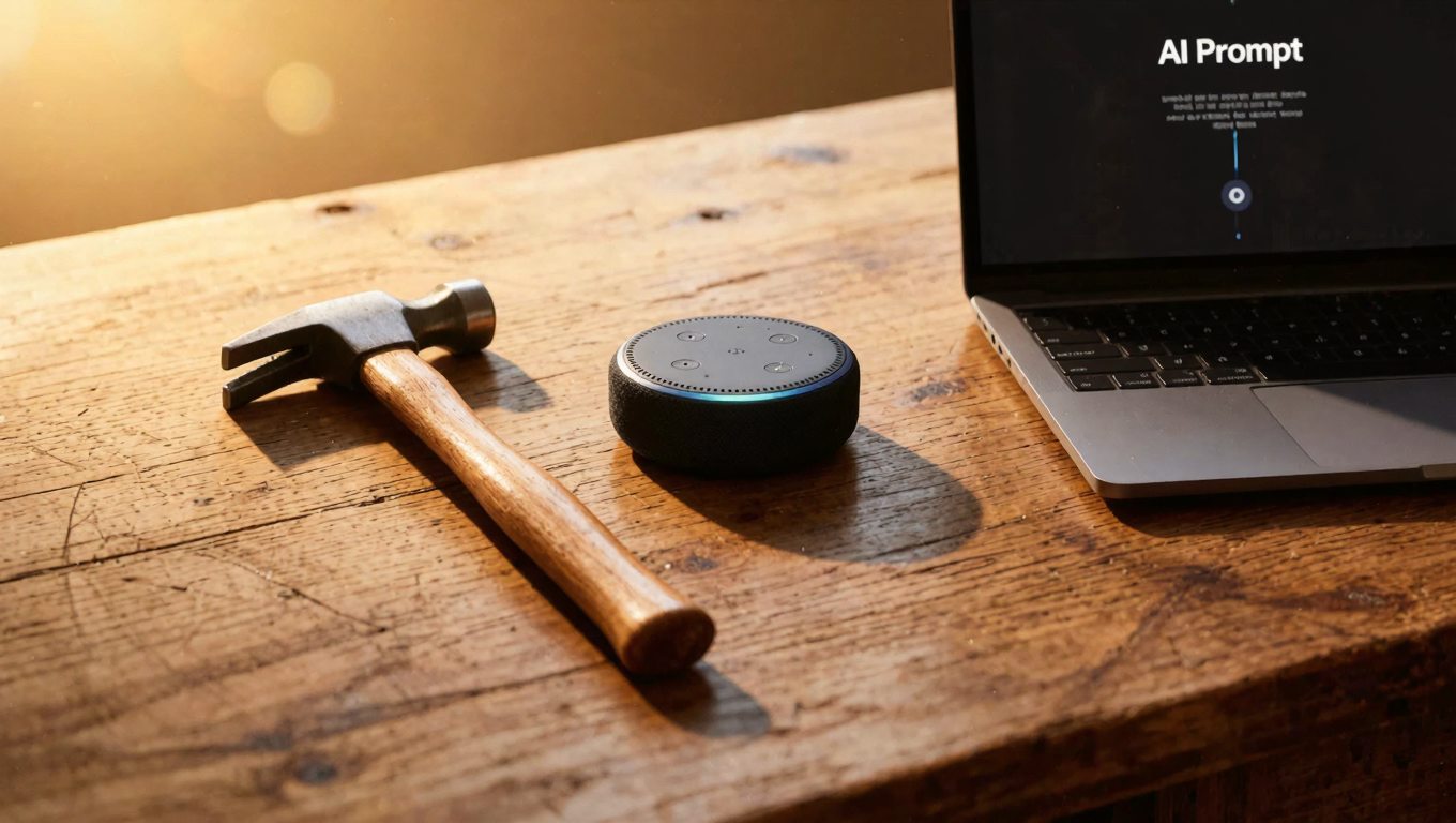 AI GENERATED Hammer, Voice Assistant, and Laptop on a wooden table. The laptop displays an AI prompt.
