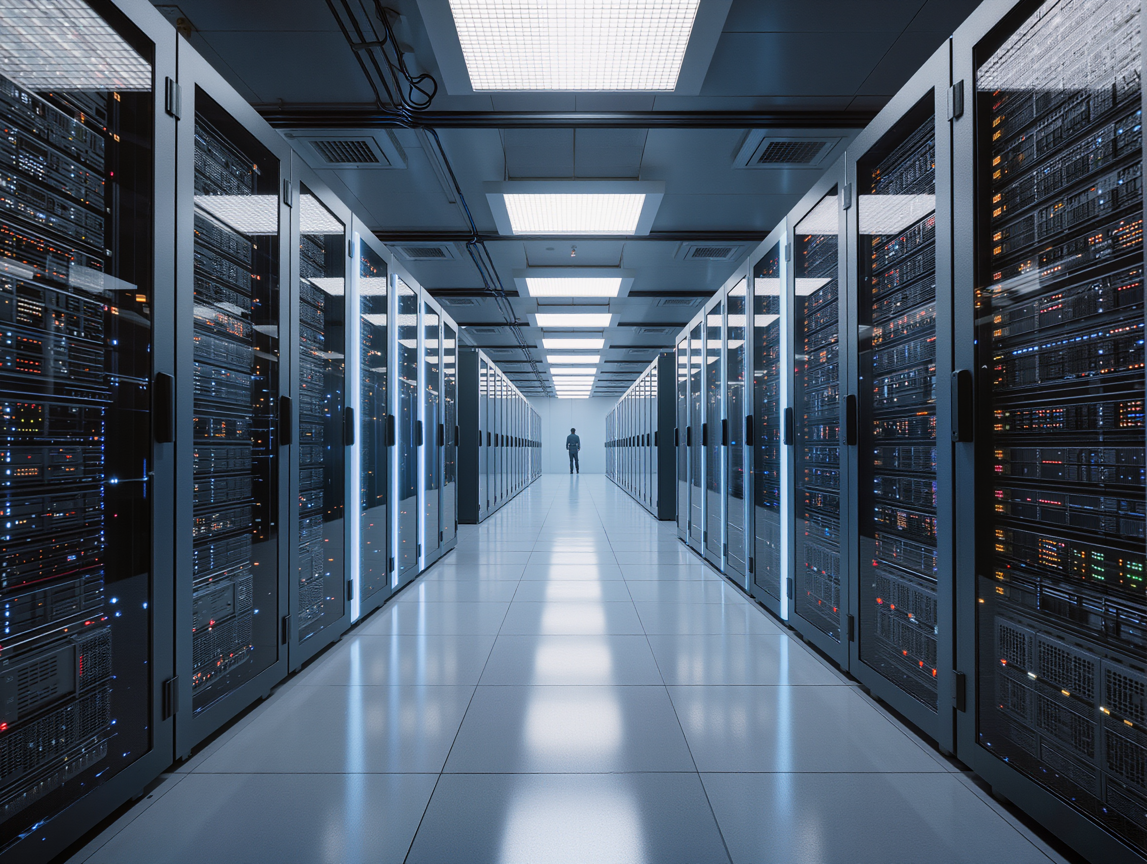 Interior of a data centre. Human figure in distance. AI generated.
