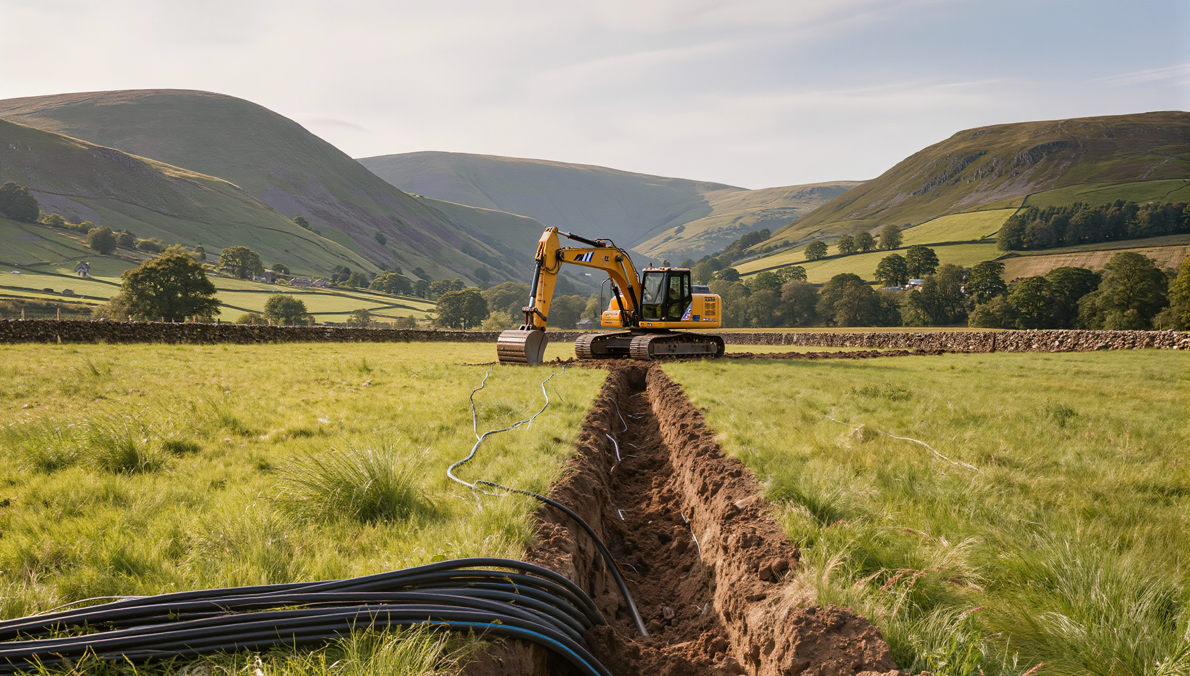 Image of a trench being dug across a Cumbrian field, and network ducting being placed in it. AI generated.