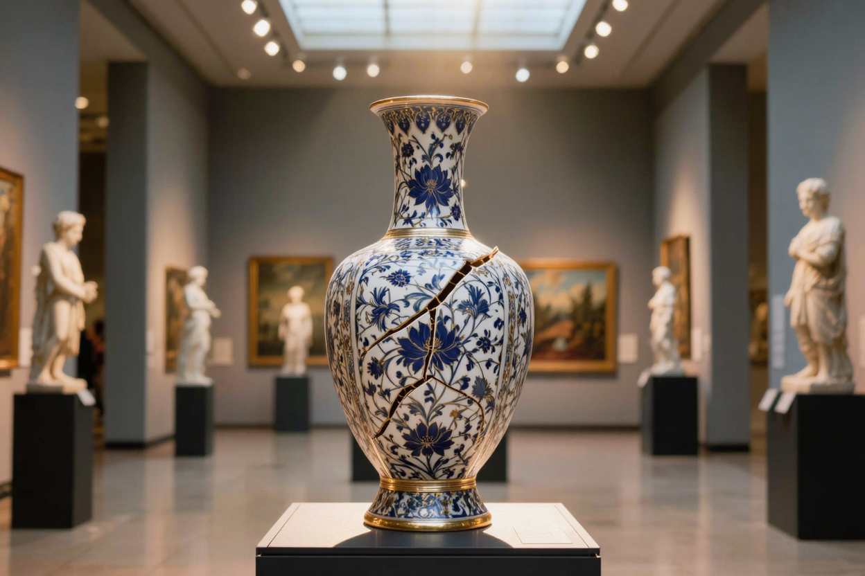 AI image of a Ming vase in a museum. The vase is noticeably cracked.